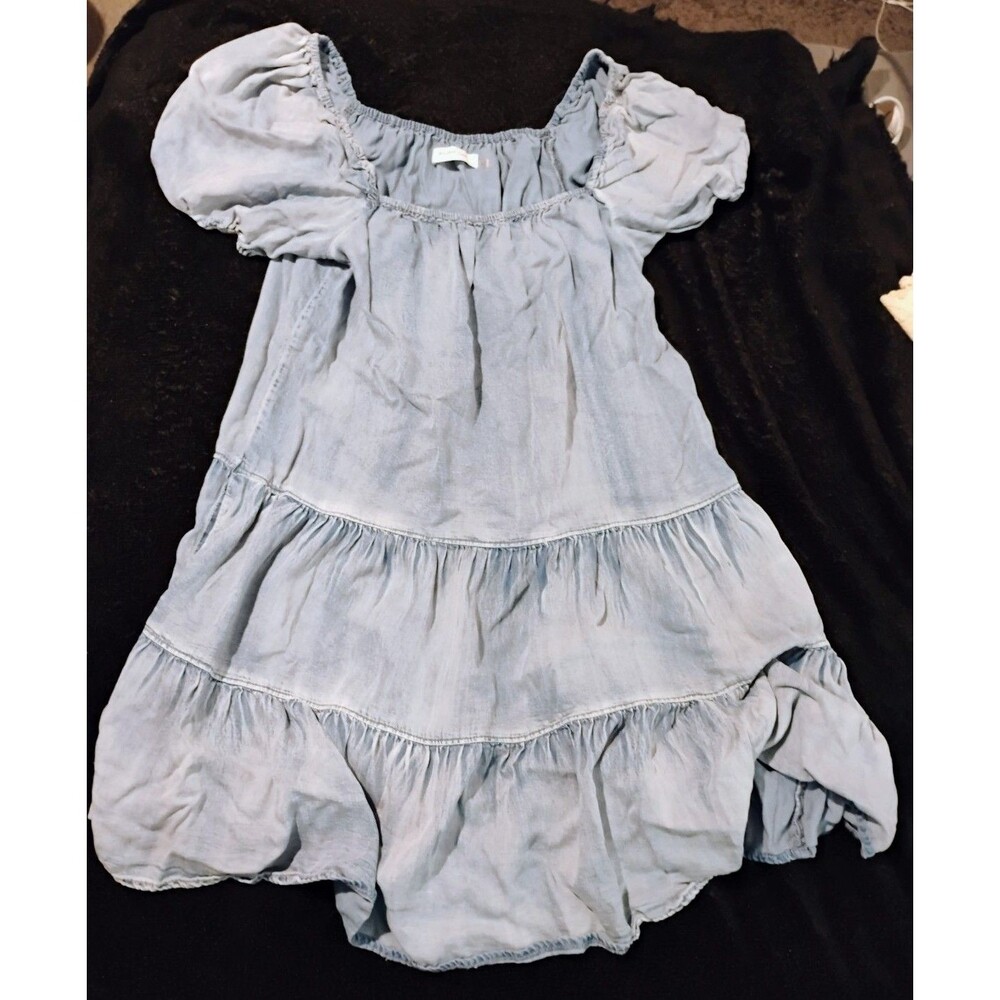 Mustard Seed Light Wash Denim Tiered Square Neck Puff Sleeve Mini Dress